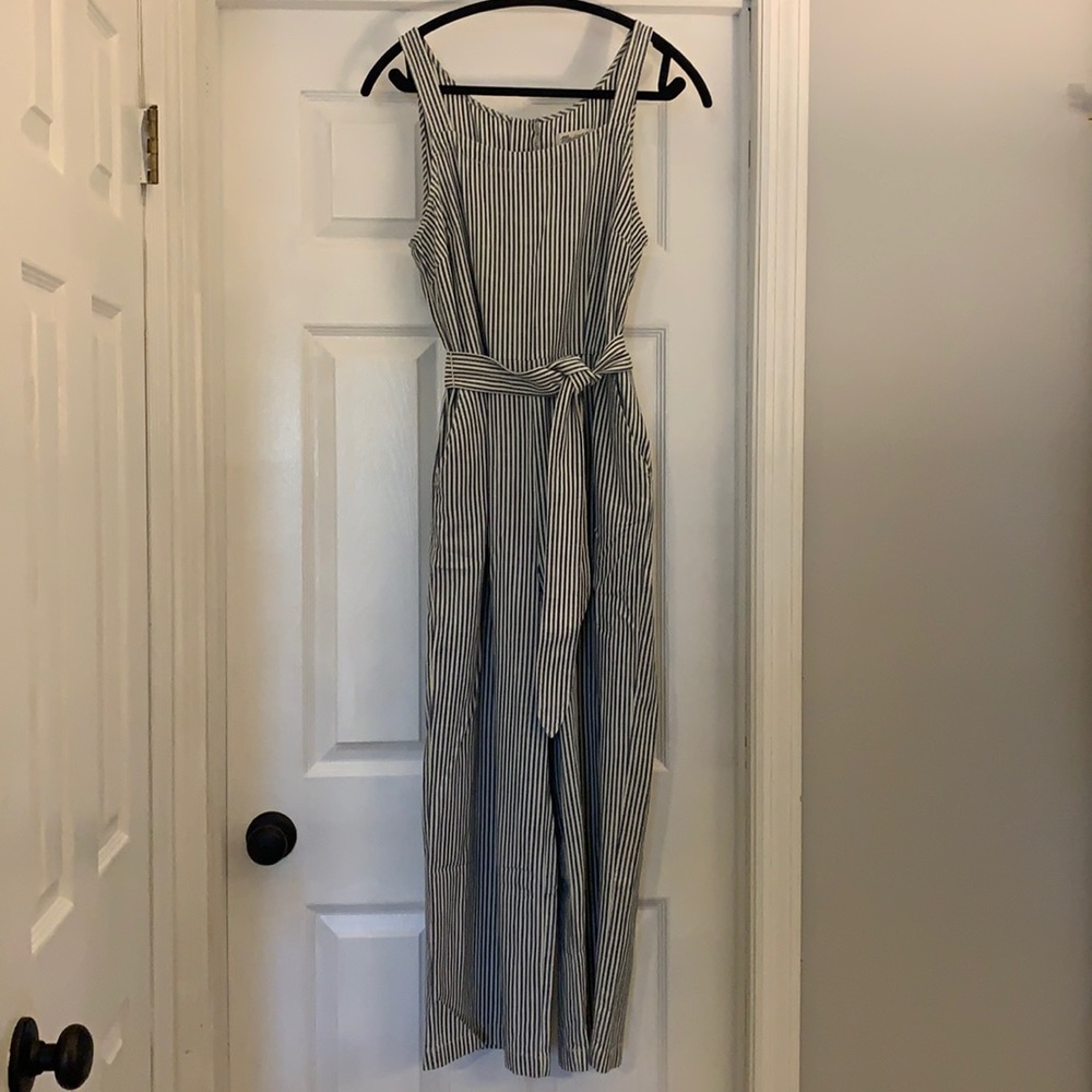 Blue and white vertical striped jumpsuit